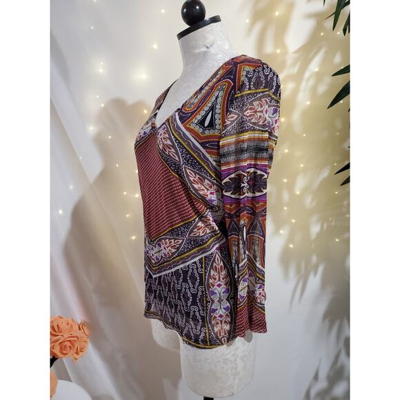 Lynn Ritchie 100% Silk Mesh Artsy Boho Print 3/4 Sleeve N-Neck Top Womens Size M - Picture 4 of 10